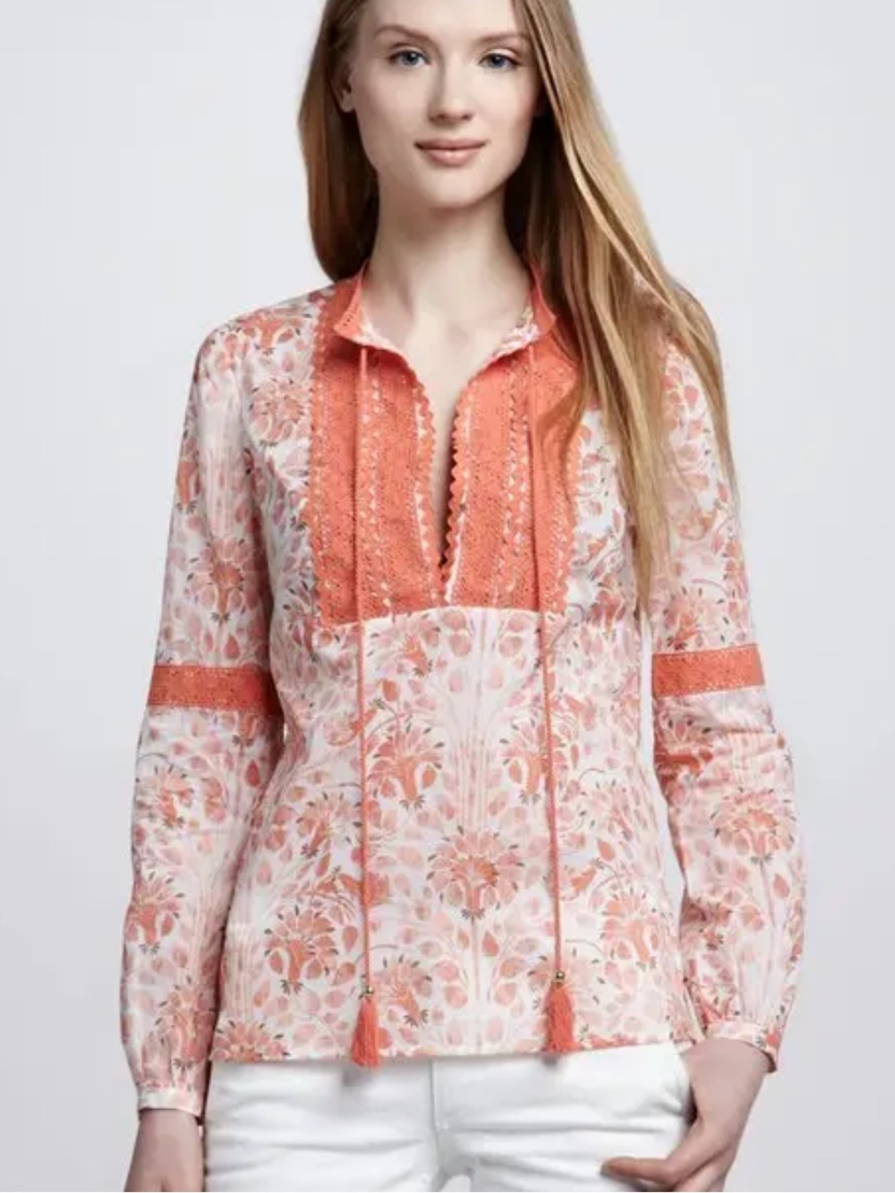 Tory Burch Top Women's Size 4 Floral Tassel Blouse Long Sleeve Boho Shirt B11